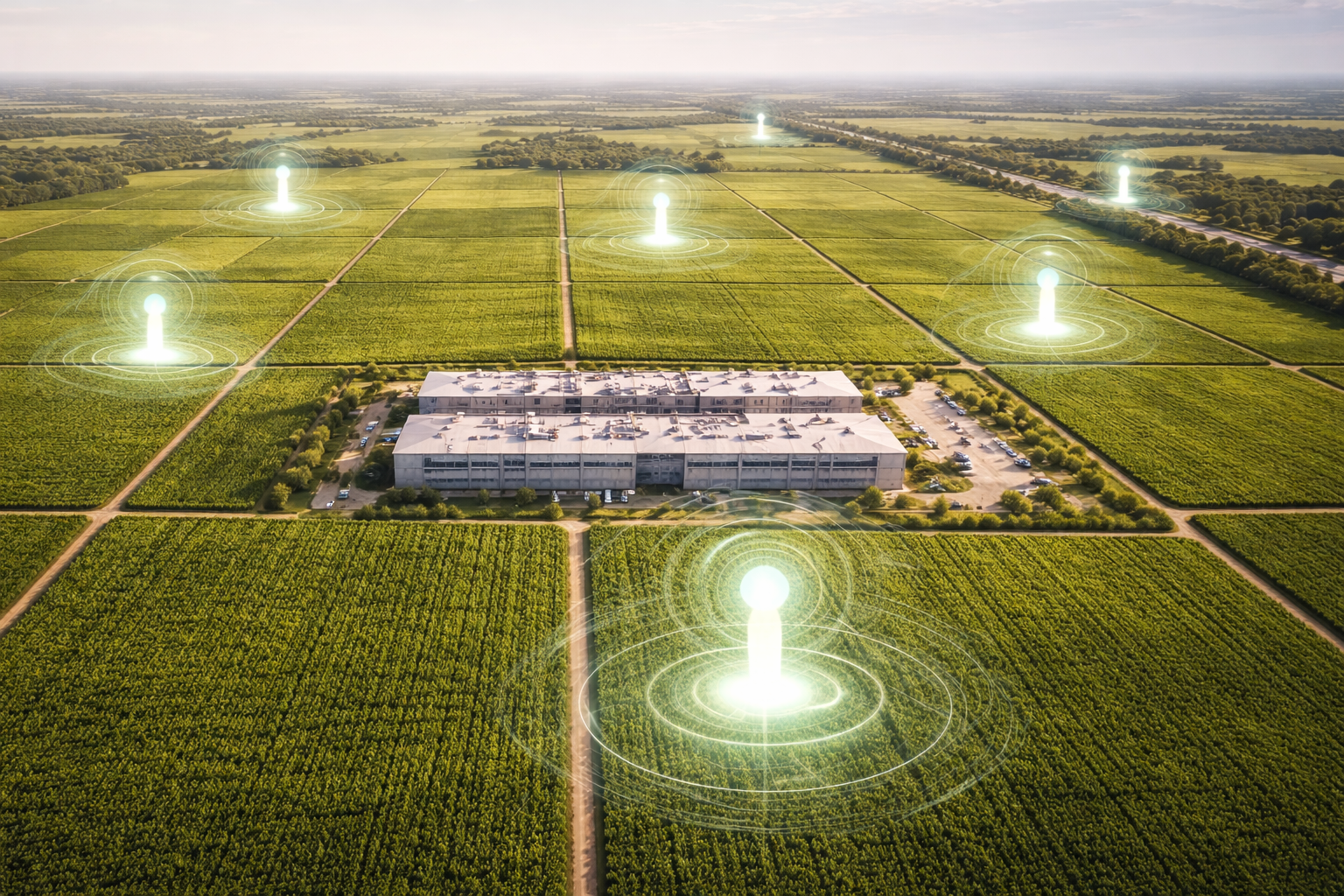 Aerial view of data center facility with signal nodes