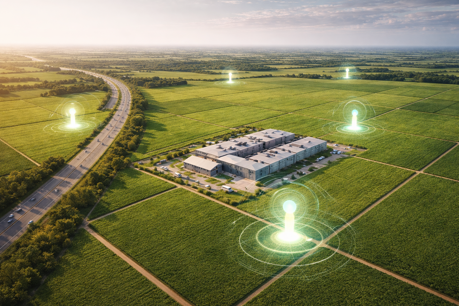 Aerial view of data center facility on rural land